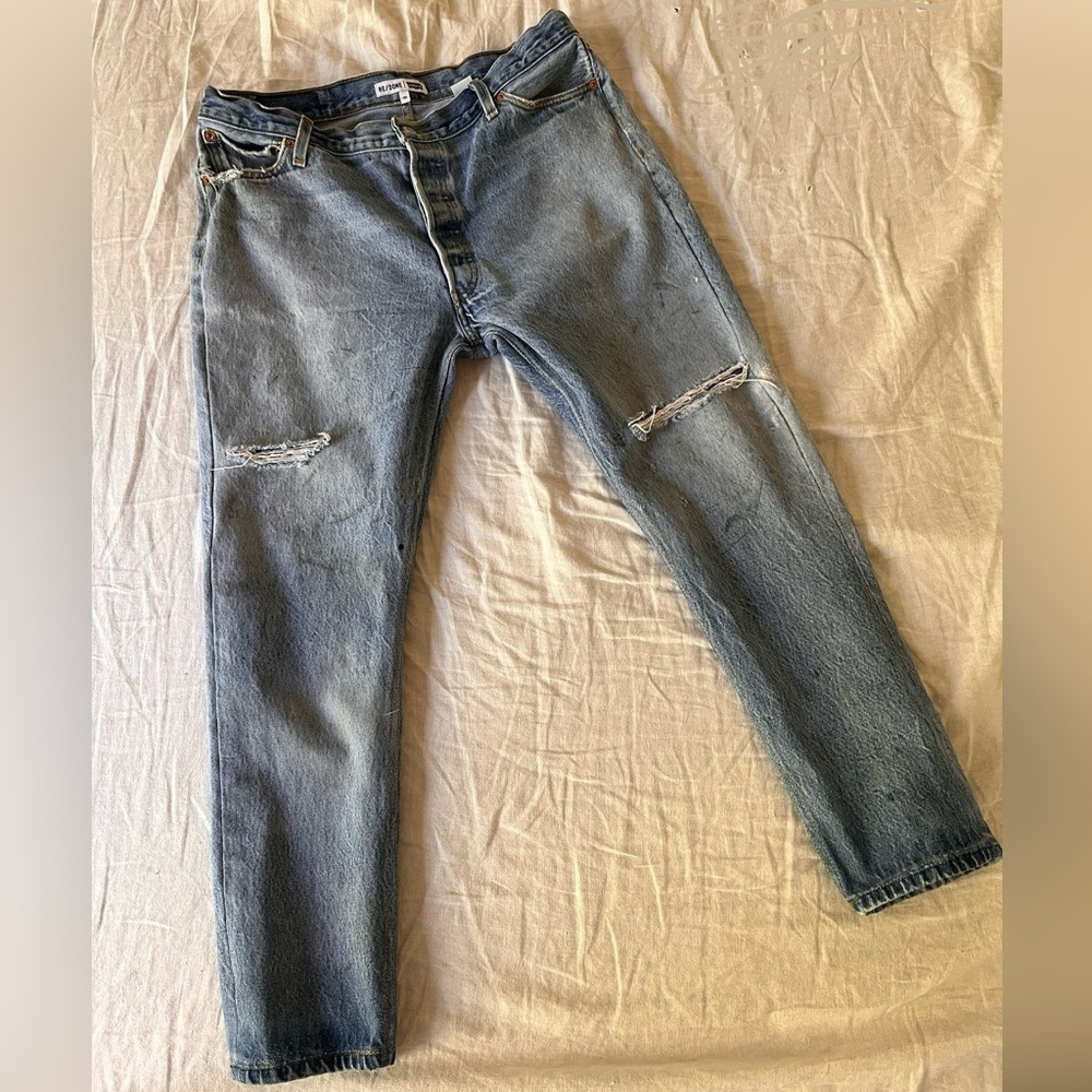 Re/Done Distressed Light Blue Straight Jeans